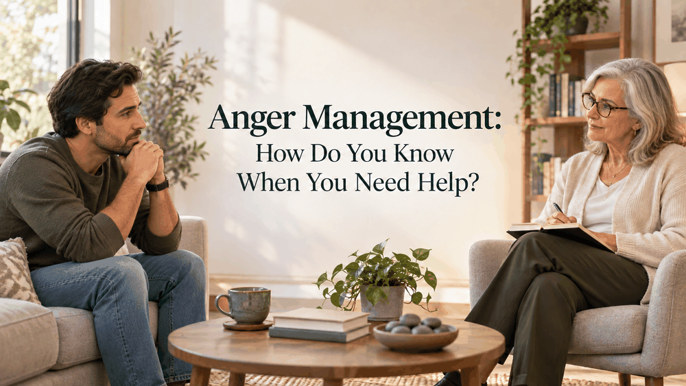 Man listening thoughtfully during an anger management therapy session with a counselor taking notes