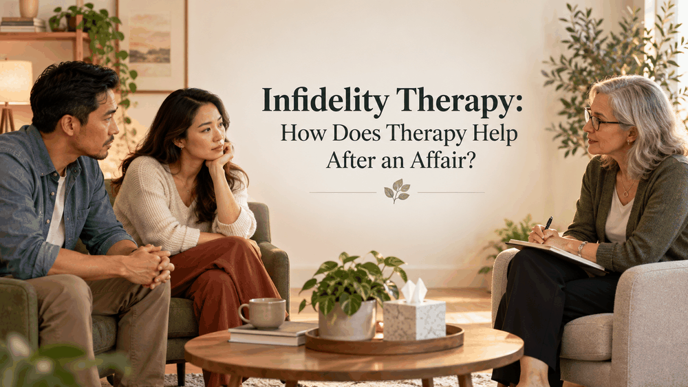 Couple sitting apart during an infidelity therapy session as a therapist listens and takes notes