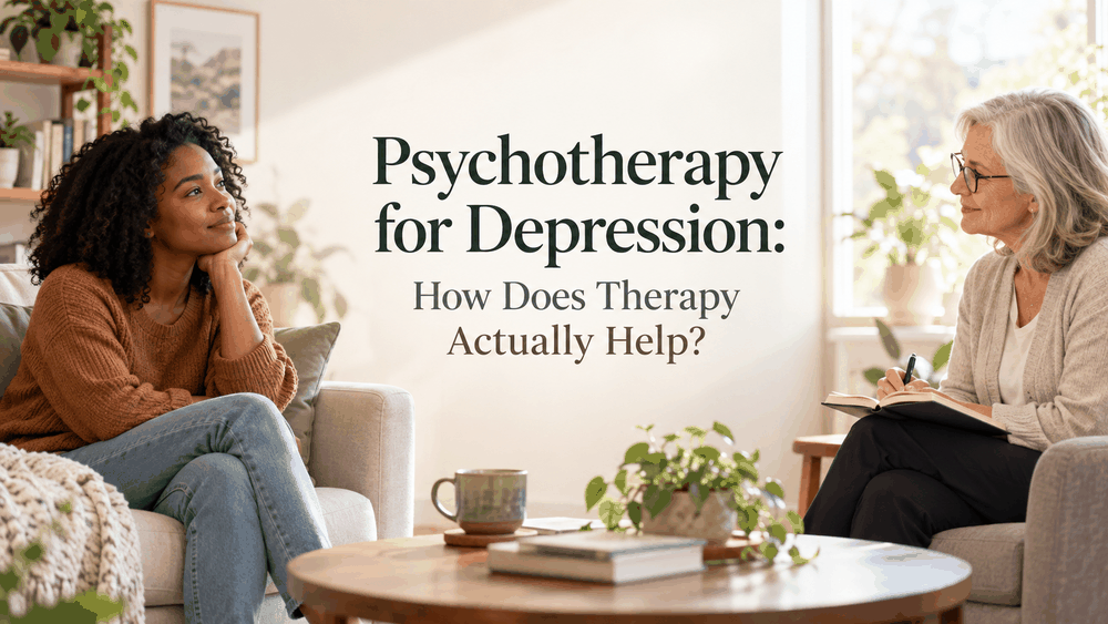 Woman talking openly with a therapist during a psychotherapy for depression session in a bright, calm office